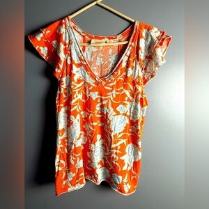 Maeve by Anthropologie Catie Ruffle Sleeve Floral Tee Orange XS 17" PTP